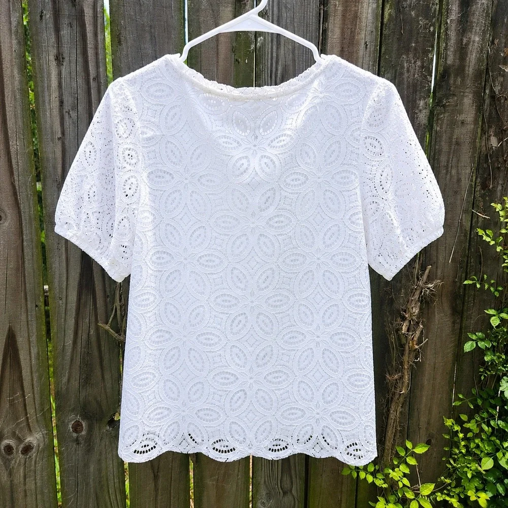 LOFT White Floral Lace Puff Sleeve Blouse Scalloped Hem Top Womens Small